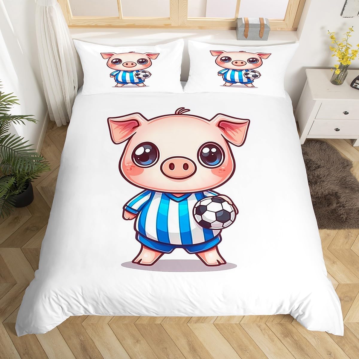 

Adorable Lovely Couple Pig Soft Duvet Cover Twin King, Roses Daisy Floral Valentine s Romantic Beding Set,Carton Animal Rustic Warm Comforter Cover 135*200cm Eu-Single