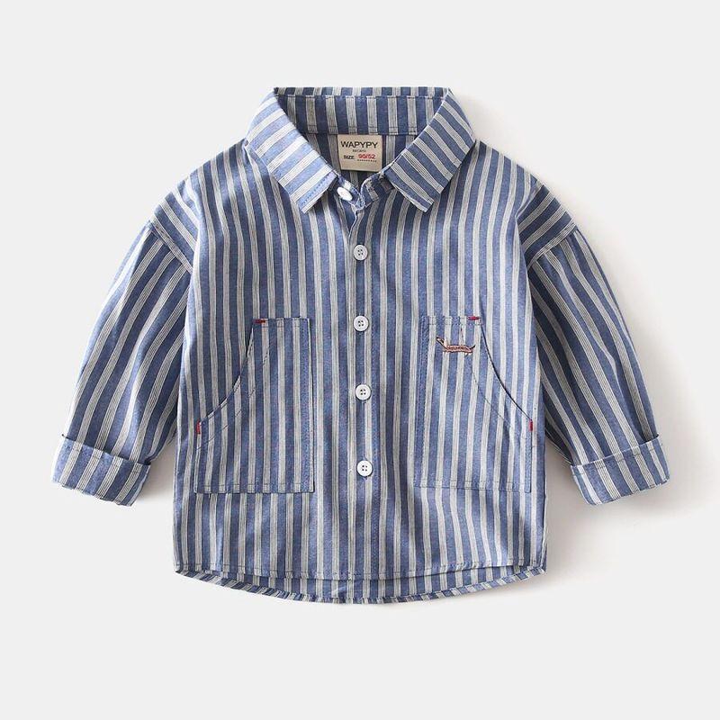 Boys' Striped Shirt Spring and Autumn Children's Clothing Baby Boy Casual Embroidered Long-Sleeved Shirt Children's Collared Shirt Top