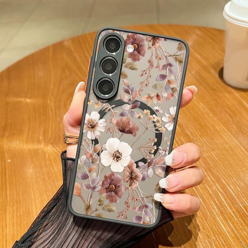 Magnetic For Magsafe Case For Samsung Galaxy S26 Ultra S25 S24 Plus S23 S22 S21 FE Vintage Floral Pattern Matte Cover