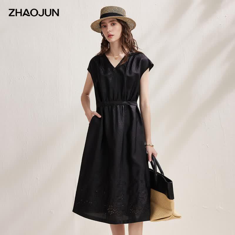 Zhaojun 2026 Summer Mulberry Silk Hollow Embroidery Xiangyun Yarn Dress 2XL