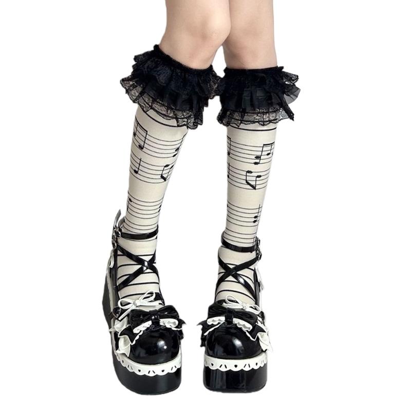Cotton Knee Length Socks for Women Ruffle Lace Top Grunge Skull Music Note Print Stockings for Dance and Everyday Use