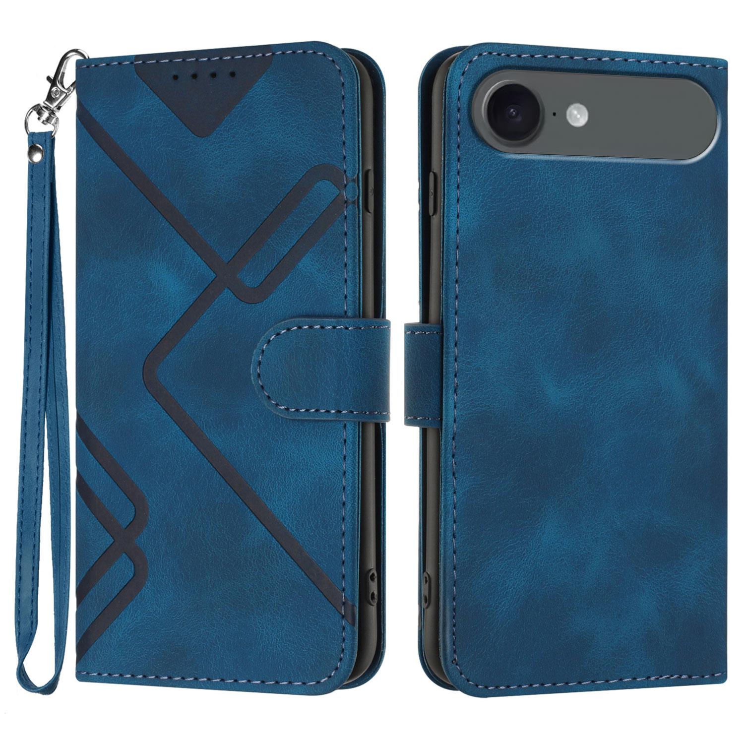 

For iPhone 17 Air Wallet Case Line Imprinted PU Leather Phone Cover with Strap Royal Blue