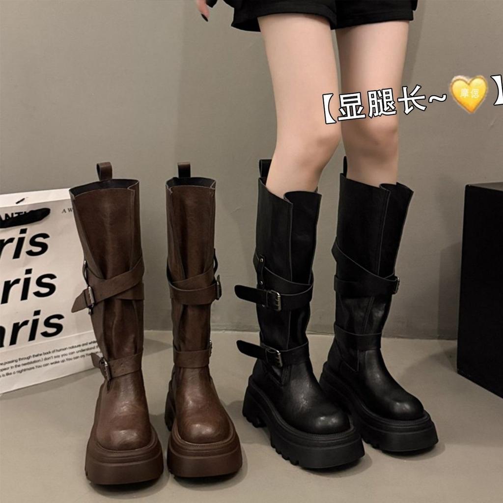 Comfortable and versatile thick-soled boots, belt buckle design sense, fashion sense, dopamine boots, thick legs, fat mm winter and autumn