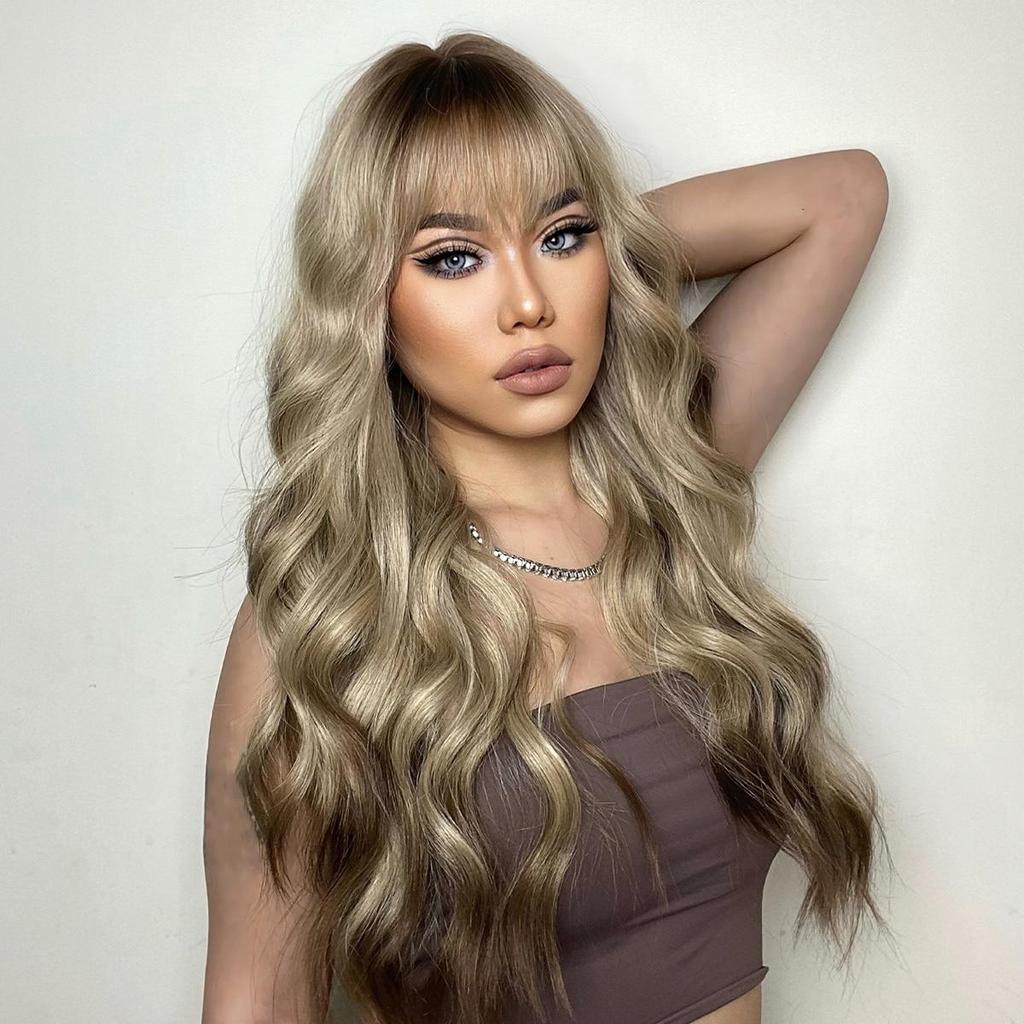 EASIHAIR Long Wavy Synthetic Wigs Blonde Ombre Hair Wig with Bangs for Women with Bangs Cosplay Daily Wig Heat Resistant