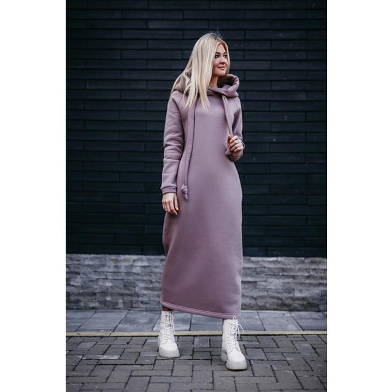 Autumn and Winter New Loose Large Knitted Hooded Long Dress with Velvet Hoodie, Casual Fashion Dress, Splicing Warm Skirt