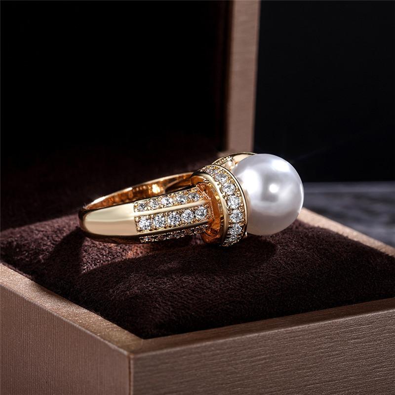 925 Sterling Silver Pearl Gold Color Wedding Rings Women Shiny CZ Romantic Marriage Ceremony Party Ring Fashion Accessories
