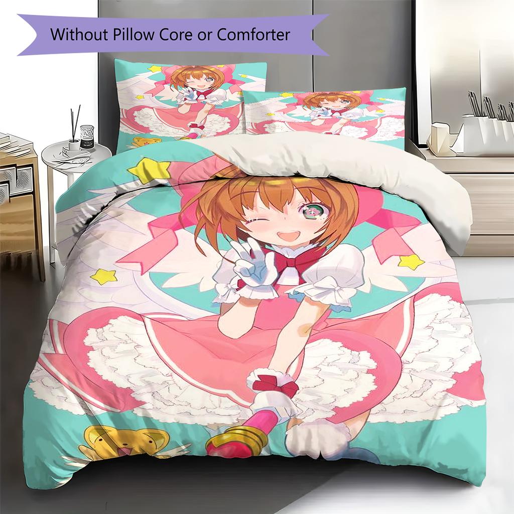 Cardcaptor Sakura Pattern Bedding Quilt Set Quilt Cover Pillowcase Home Decoration Gift (1 * Duvet Cover + 2 * Pillowcase, Without Core)
