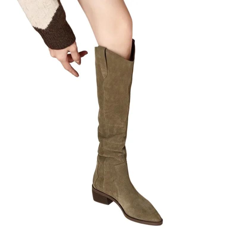 Móda Dámské Boty Módní Rukáv Dámské Kozačky Zimní Špičatá Špička Semiš Jednobarevné Vysoké Holenní Dříko Hrubé Podpatky Nadměrná Velikost Kozačky Zapatos De Mujer