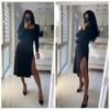 Split Solid Knitted Dress Long Sleeve Khaki Ribbed Casual Women Dresses Midi Ladies Bodycon Dress