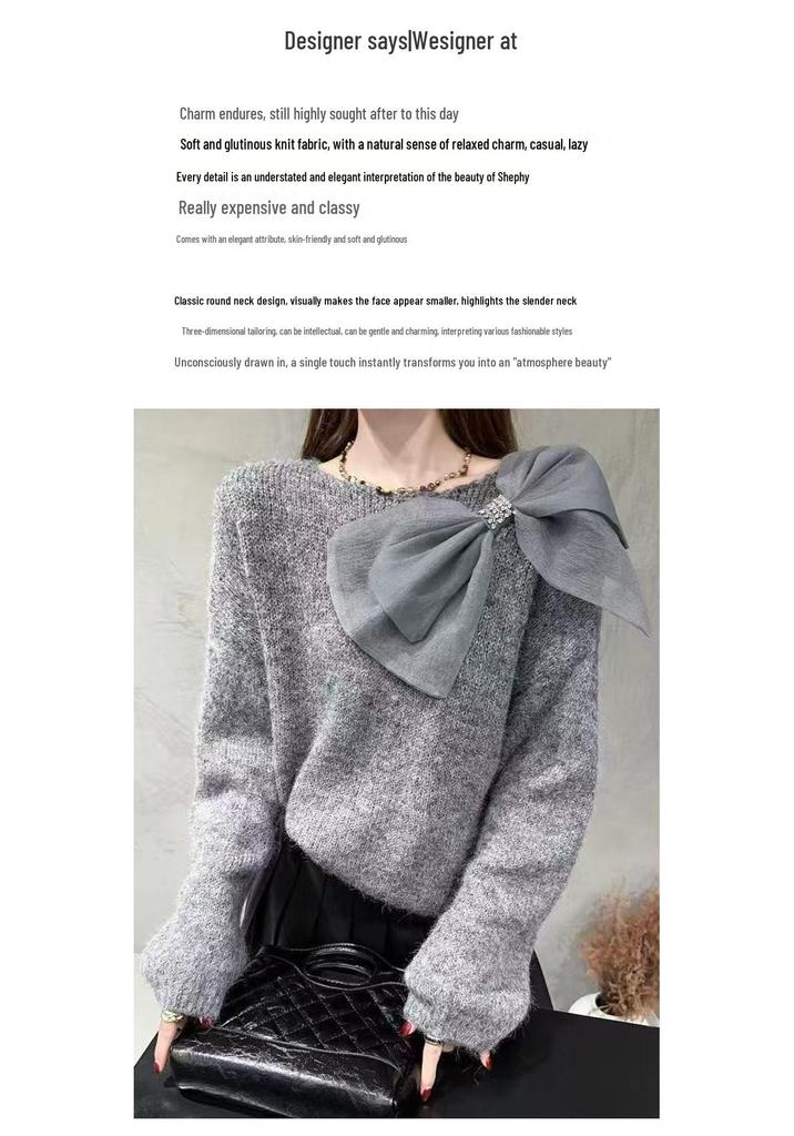 Elegant Bow Knit Sweater - Women's Fashionable Autumn/Winter Base Layer Knitwear