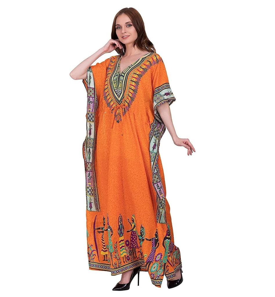 TreegoArt Fashion Women's Polyester Long African Kaftan Caftan Printed Adjustable Boho Dress Nightwear Maxi Gown