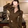 Women's Striped Flare Sleeve Top - Spicy Girl Collection, Slim-Fit Long Sleeve with Lapel Design for Autumn and Winter.