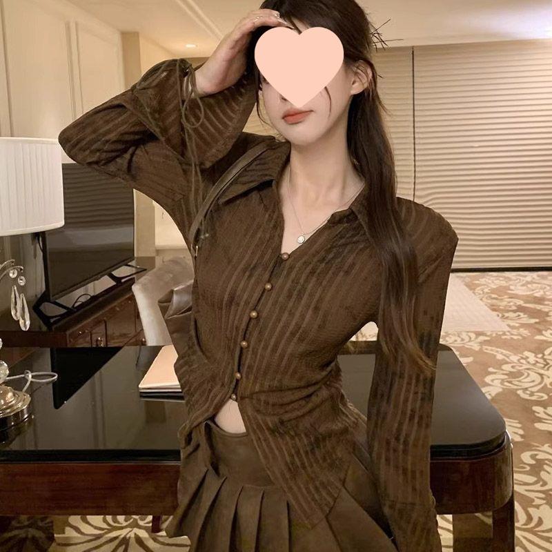 Women's Striped Flare Sleeve Top - Spicy Girl Collection, Slim-Fit Long Sleeve with Lapel Design for Autumn and Winter.