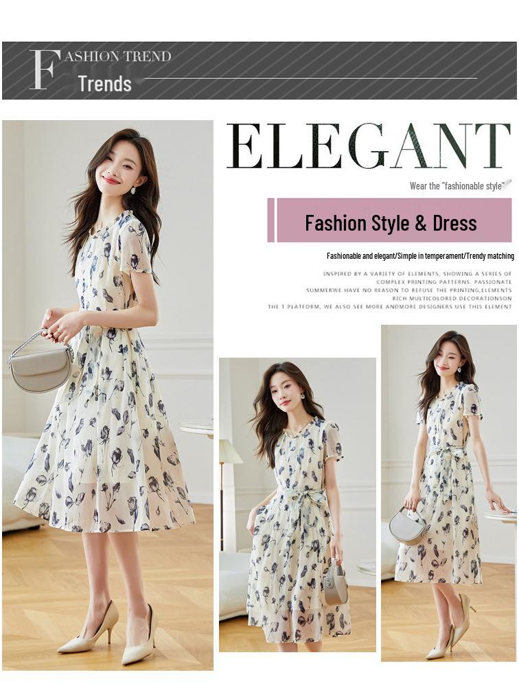 2026 Summer Silk Goddess Style Printed Short-Sleeve Loose Dress for Women