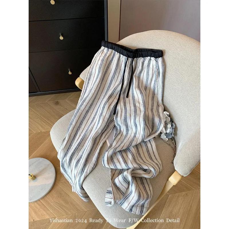 Japanese Striped Drawstring Elastic Waist Wide Leg Pants Loose Slimming Cotton and Linen Straight Casual Trendy