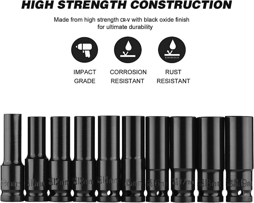 Impact Socket Set Impact Deep Socket 10mm 12mm 13mm 14mm 15mm 17mm 19mm 21mm 22mm 24mm Set of 10 with Case Surface Contact Type 1/2 (12.7)