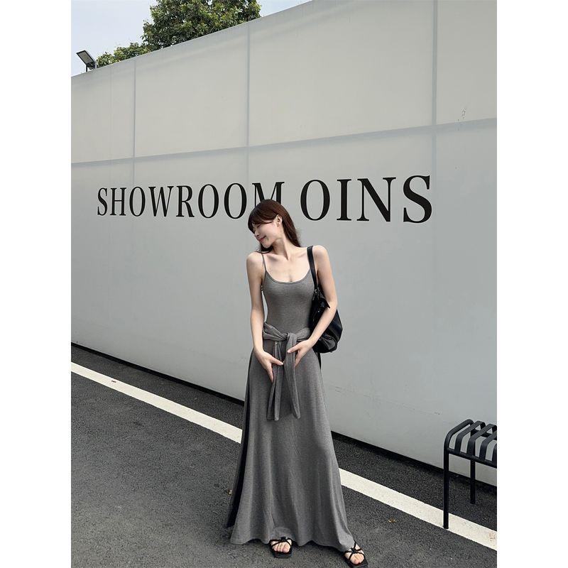 Kumikumi Idle Style Simple Solid Sling One Piece Dress Women Clothing Summer Elegant All-Match Waist Hugging Slimming Long Dress