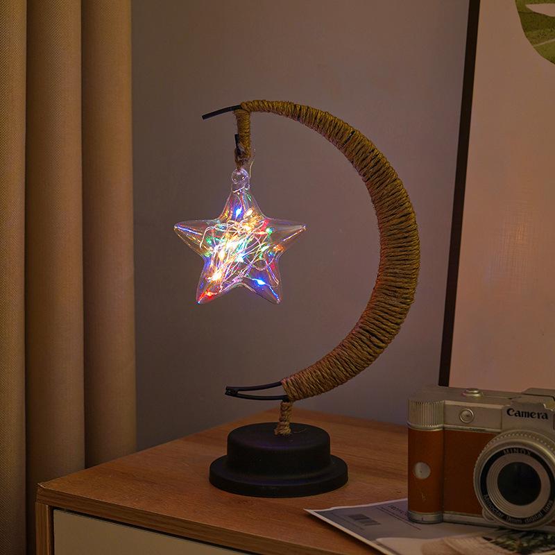 LED Star and Moon Vine Ball Desk Lamp with Hemp Rope and Iron Art - USB Decorative Night Light