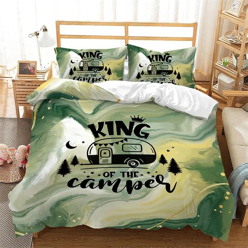 Happy Camping Duvet Cover Microfiber Camping Travel Car Tree Bedding Set Camper Comforter Cover Twin Queen For Boys Girls Teens