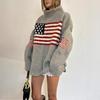 Y2K Plus Size Knit National Flag Jacquard Sweater - Retro Street Style, Loose Fit, Warm for Autumn/Winter.