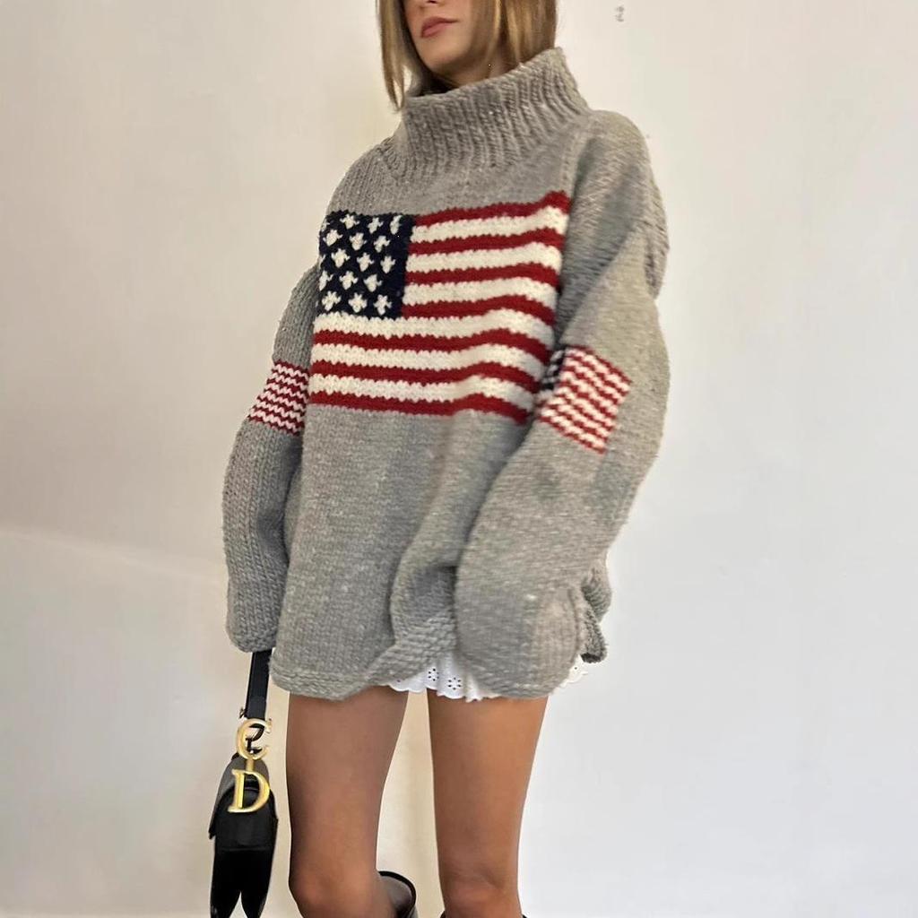 Y2K Plus Size Knit National Flag Jacquard Sweater - Retro Street Style, Loose Fit, Warm for Autumn/Winter.
