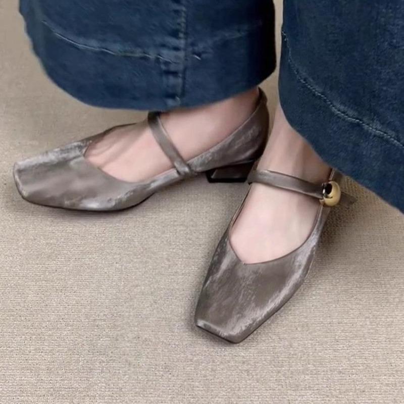 Block Heel Single Shoes Women's Square Toe Shallow Mouth One Slip with Cloth Face Soft Sole Non-slip Low Top Shoes