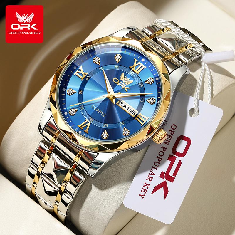 OPK Brand Original Men's Watches Waterproof Week Calendar Quartz Watch for Men Fashion Luminous Diamond Scale Watch