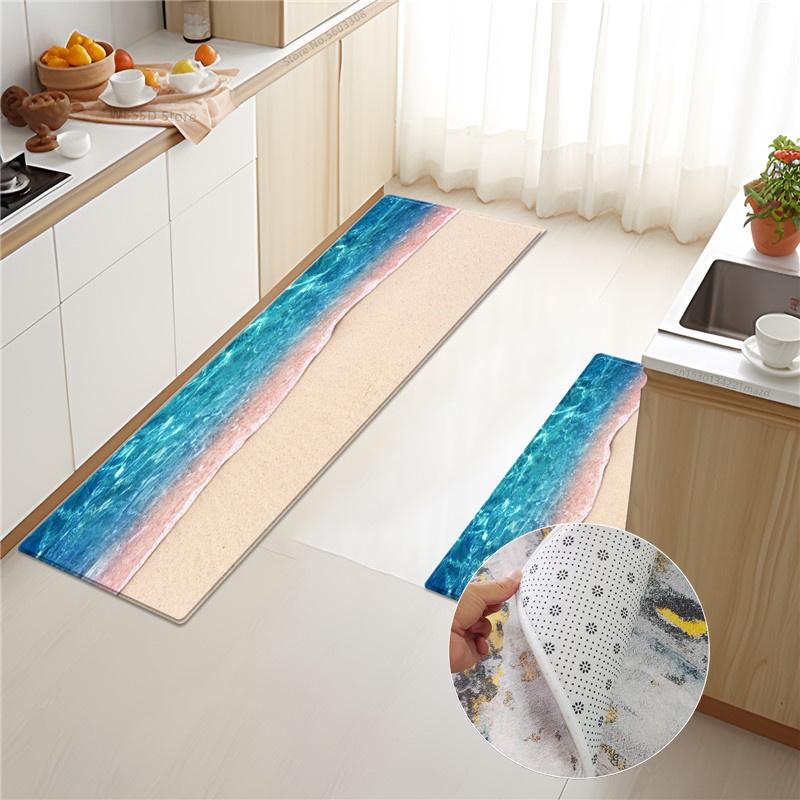 Marine Style Waves Rug For Kicthen Floor 3D Sea Print Kitchen Mat Set Sponge Material Bathroom Rug Absorbent Non-slip