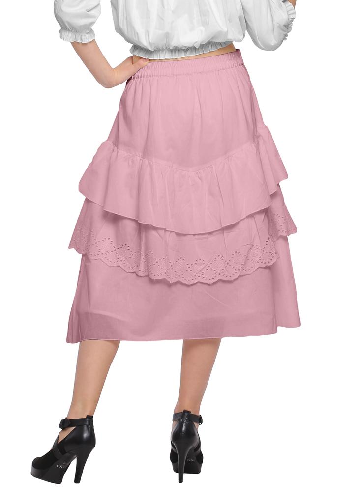 Moomaya Solid Cotton Skirts For Women Knee Length With Lace Belt Ruffle