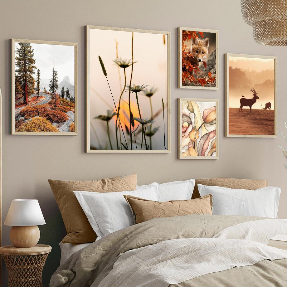 Deer Fox Cabin Flowers Leaves Autumn Landscape Posters Prints Canvas Painting Nordic Wall Art Pictures For Living Room Decor