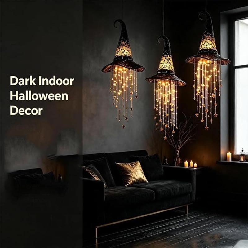 Lighted Witch Hat Hanging Chime, Halloween Outdoor Ornament, Glowing Mesh Cascading Stars, Black Frame Decoration, Party Decor