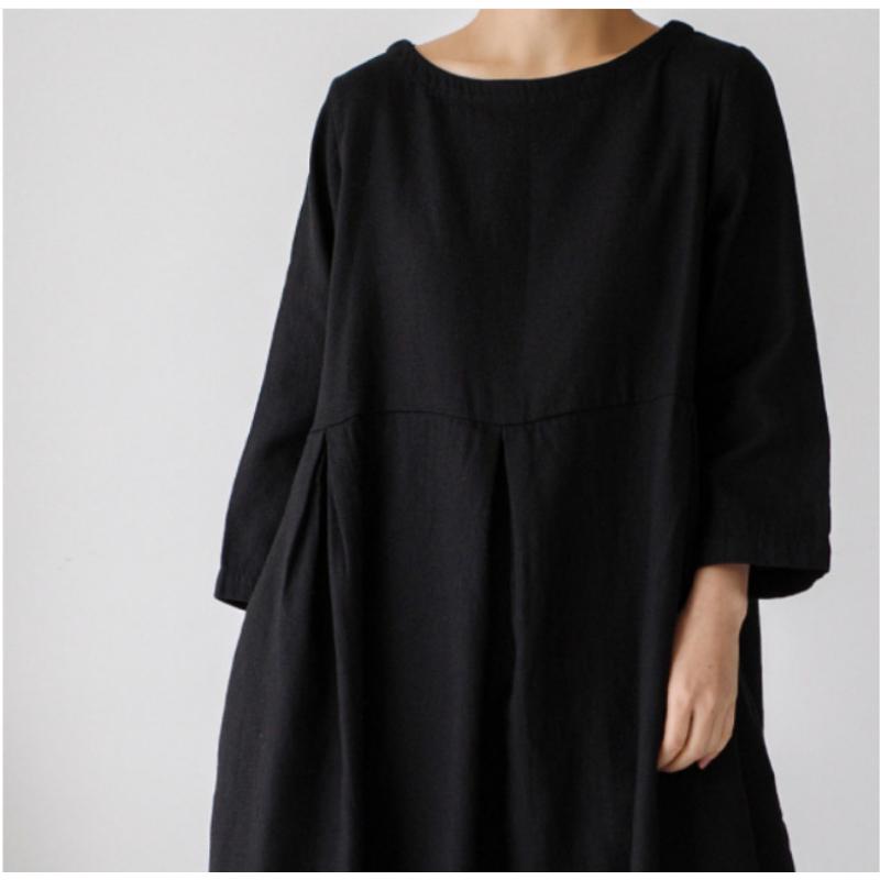 New Women's Plus Size Cotton Linen Dress, Loose Fit Round Neck Long Sleeve Knee-Length Pullover, Japanese Korean Forest Girl Style Casual Summer Dress