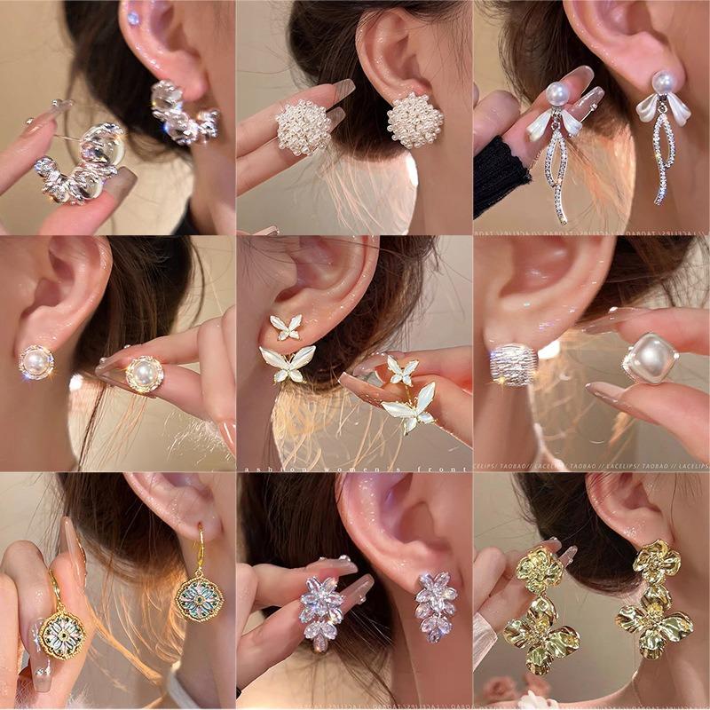 S silver needle zircon pearl earrings women's niche butterfly stud earrings versatile temperament earrings