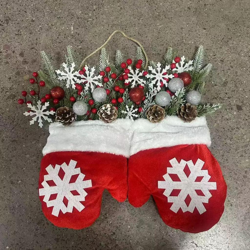 Christmas Socks Mitten Wreath Artificial Berries Artificial Berries Pine Needles Christmas Glove Wreath With LED Lights For Door