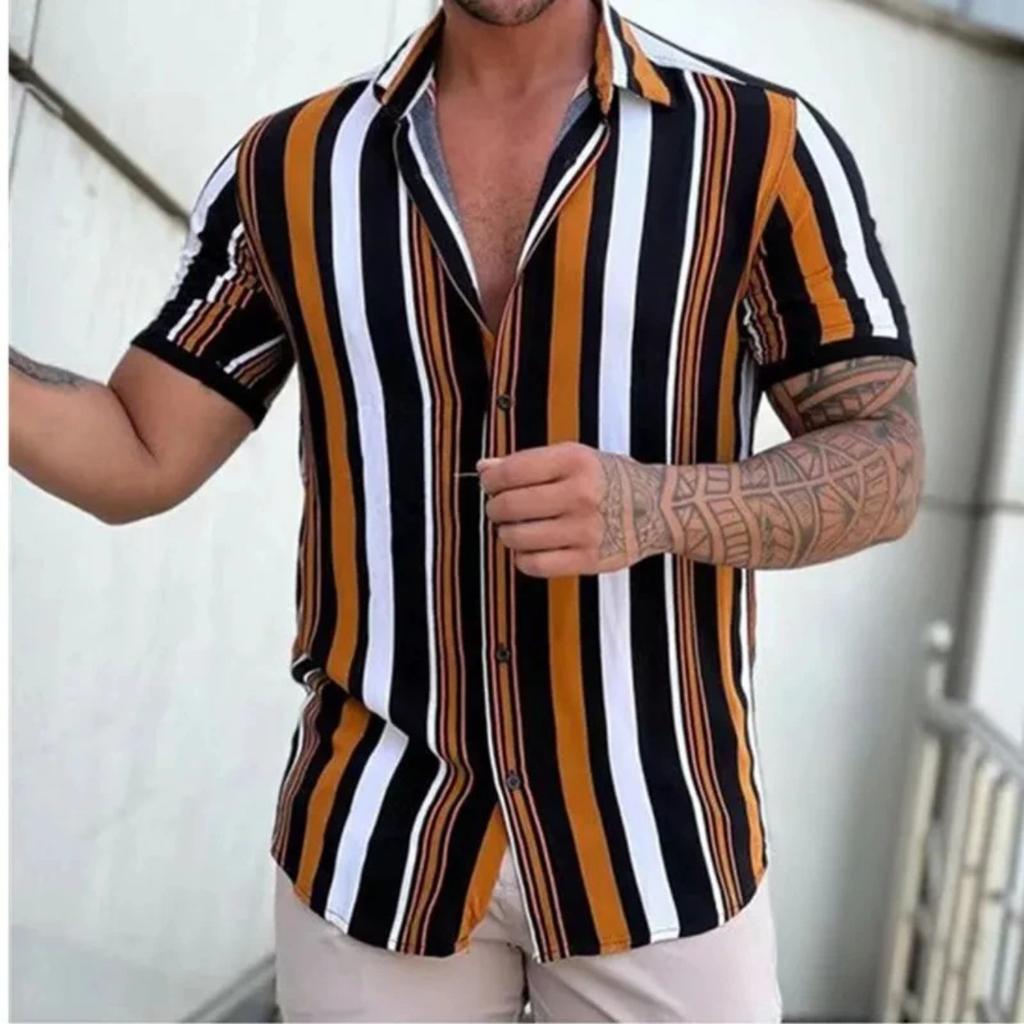 Men's Hawaiian Shirt 3D Stripe Print Short Sleeve Summer Loose Casual Large Size Simple Fashion Lapel Button Men's Tops