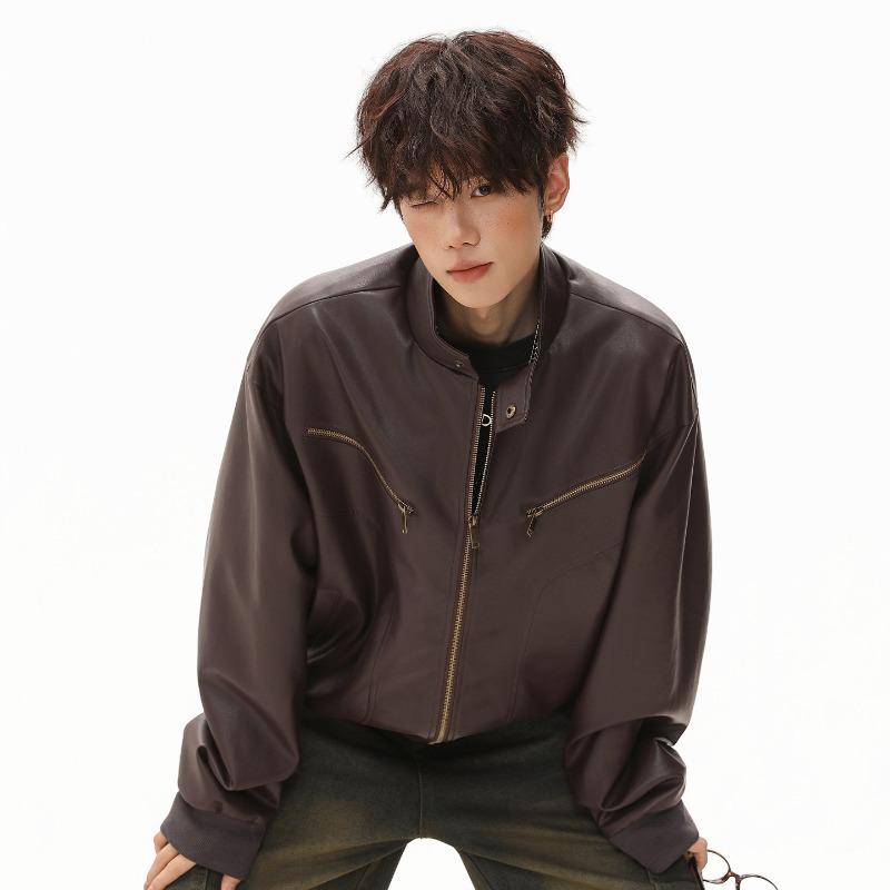 Men Vintage Loose Stand Collar Windproof Motorcycle Jacket Autumn