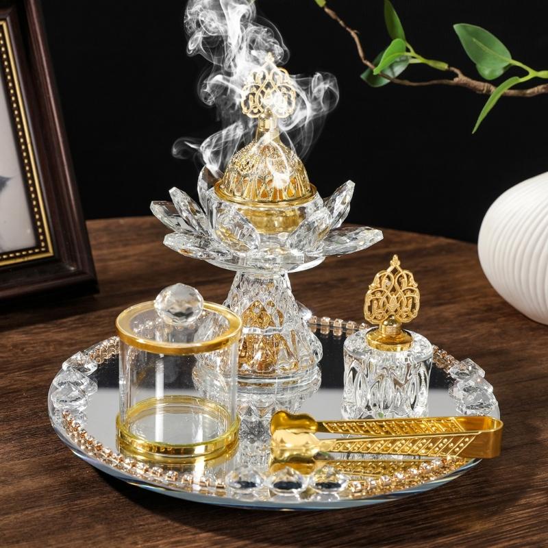 Glass Incenses Holder Set With Golden Arabic Pattern Flower Burners And Mirrored Tray Jar Tongs Spiritual Gathering Kits