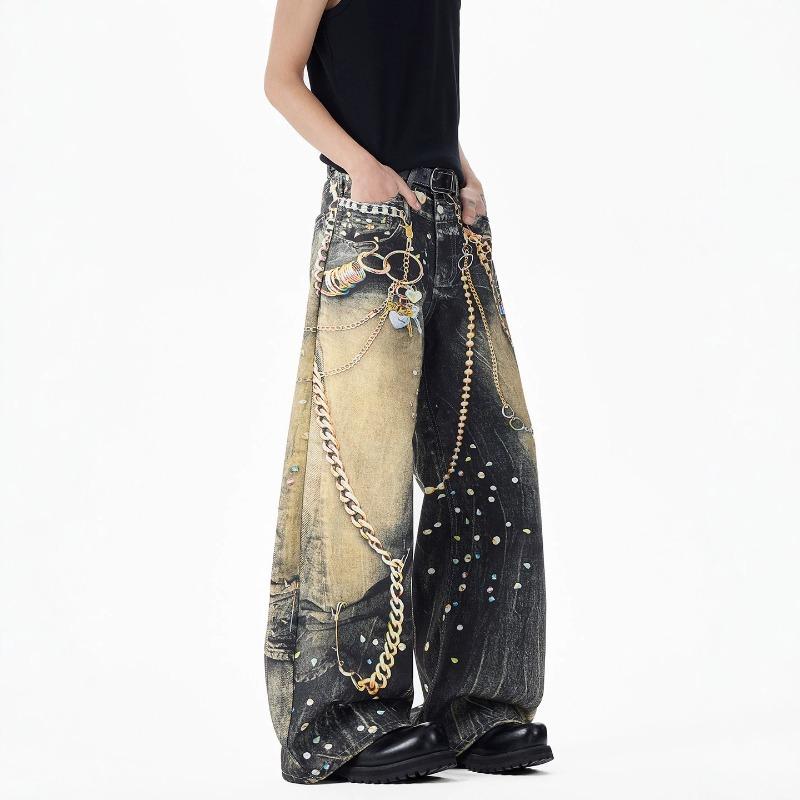 Fashion New American High Street 3D Chain Printed Jeans Men's Retro Washed Loose Candy Pants