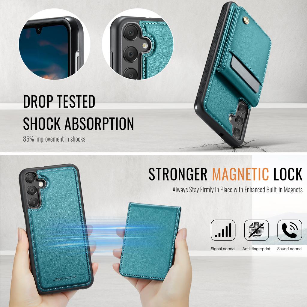 For Samsung Galaxy A15 5G/Galaxy A15 4G Leather Back Cover Compatible with MagSafe JEEHOOD J06 Phone Case with Card Bag RFID Blocking