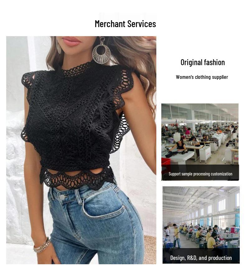 2024 Summer European & American Sexy Hollow-Out Geometric Lace Chiffon Blouse