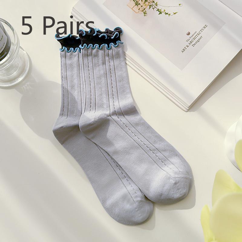 5 Pairs of New Female Spring and Summer Matching Color Lace Mesh Breathable Tube Socks