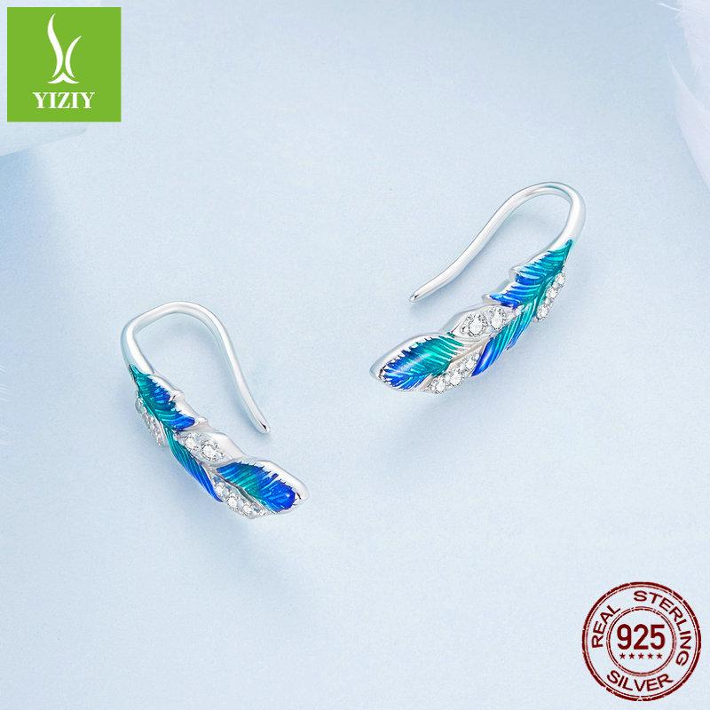 Yin Ziyun Schillerndes Blaues Feder-Ohrring- & Ring-Set: Exotischer ethnischer Stil, S925 Sterlingsilber.