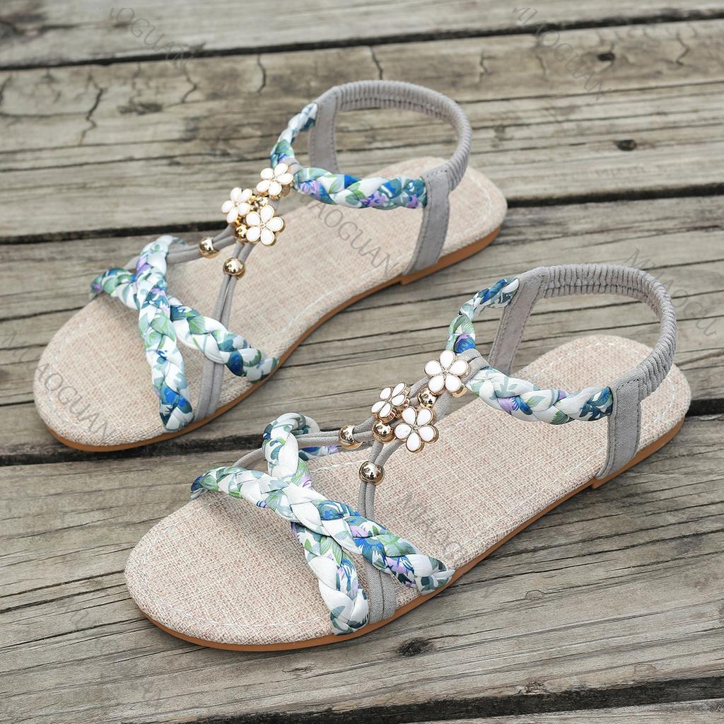 Ethnic style Large Size Beach Sandals Women Summer Round Head Comfort Fish Mouth Shoes Anti-slip Rubber Sole Flats