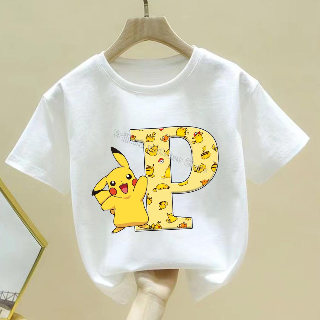 Pokemon Pikachu T-shirt Children A-Z Letter White Clothes Round Collar Clothing Kids Short Sleeve Cartoon Partern Summer Tee Top
