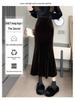 Women's Black Velvet Fishtail Pencil Skirt - High Waist, Slimming, Mid-Length, Pleated, Autumn/Winter.