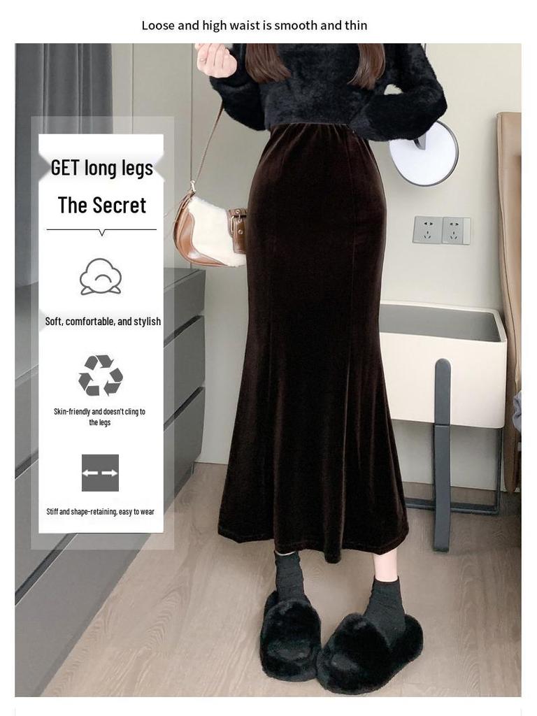 Women's Black Velvet Fishtail Pencil Skirt - High Waist, Slimming, Mid-Length, Pleated, Autumn/Winter.