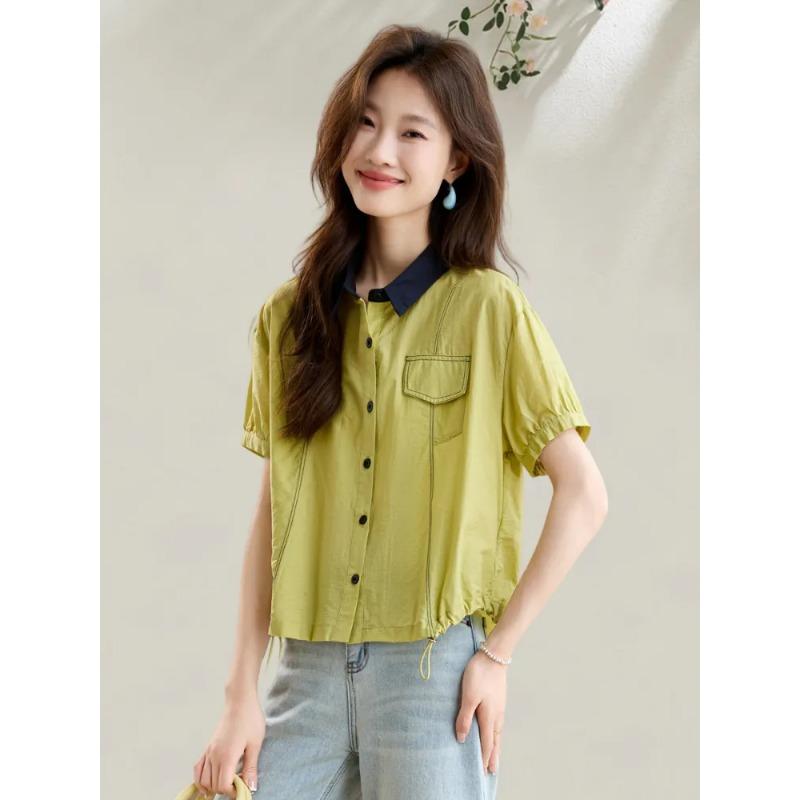 Women's Light Blue Color Block Collar Short Sleeve Button Down Shirt Casual Loose Blouse