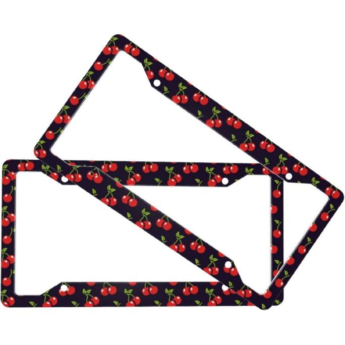 Cute Cherry License Plate Frames, 2 Packs Decorative License Plate Covers Red Car Accessories Aluminum License Plate Holder For Women Men