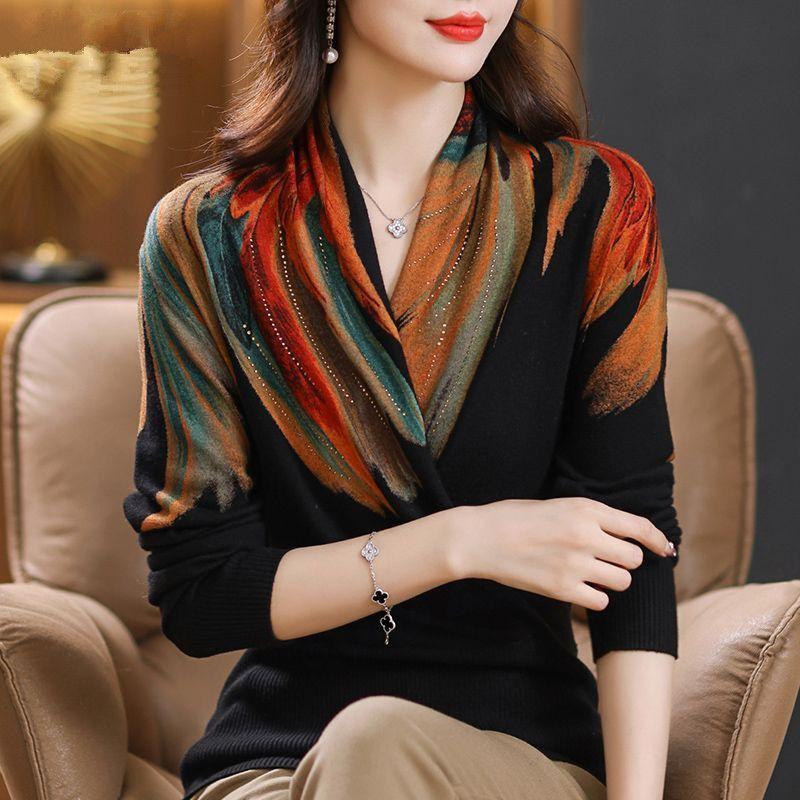 

Модный трикотажный свитер с V-образным вырезом для женщин Осень Зима Теплый шерстяной пуловер Повседневная одежда для мамы Элегантный XXXL чёрный