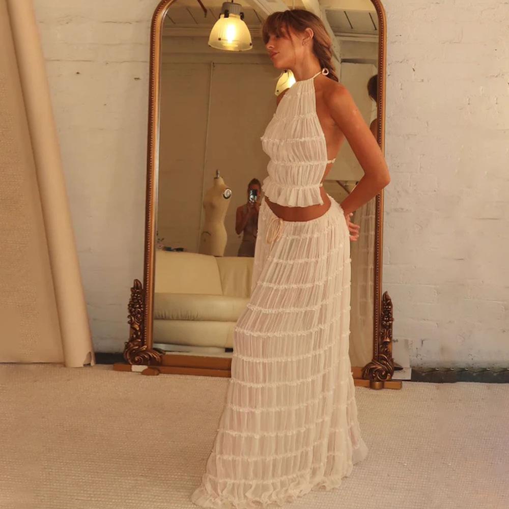 

Женский бохо сексуальный костюм с открытой спиной, комплект из 2 предметов для пляжного отдыха, винтажные топы-ками с рюшами и бретельками через шею + длинная юбка макси для вечеринки XS бежевый